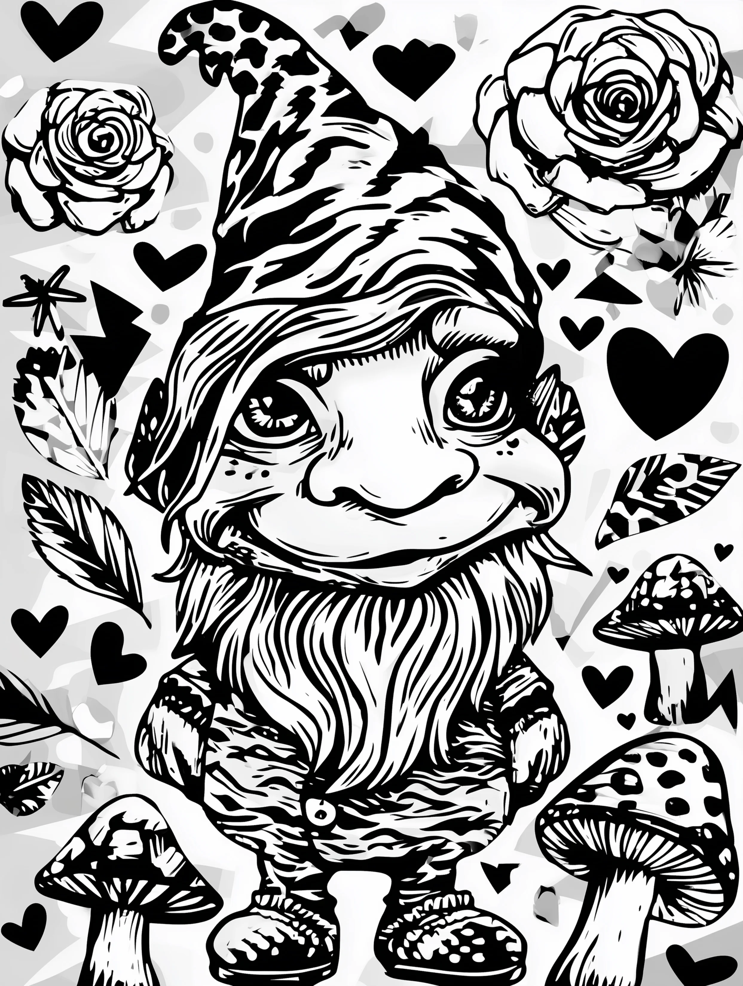 Free printable gnome coloring page for adults featuring a gnome with leaves